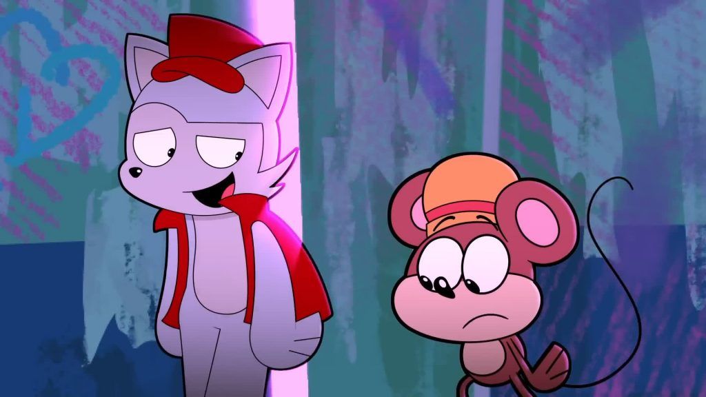 Clay smirks while talking to a worried Rob under purple light in Catching Up.