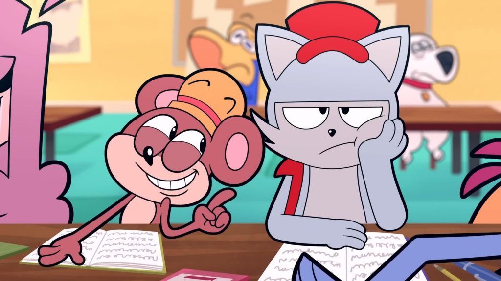 Rob looks bored while sitting in class beside a smiling Clay in Catching Up.