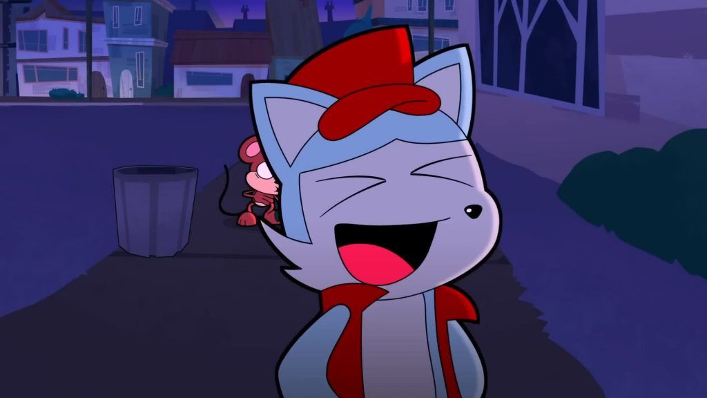 Clay laughs cheerfully outside at night while Rob stands in the background in Catching Up.