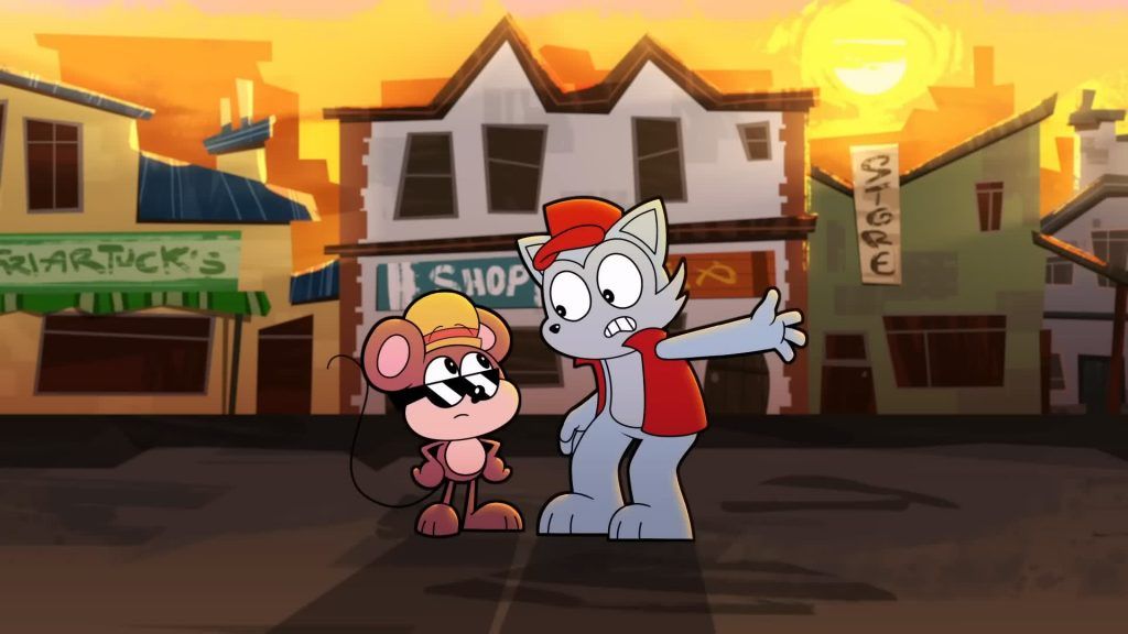 Clay gestures passionately while Rob listens in the middle of an empty street in Catching Up.