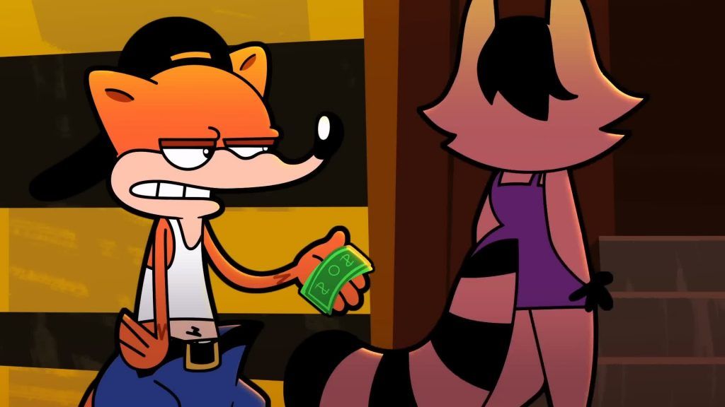 Dickhead Weasel holds money while talking to a raccoon girl inside a yellow-lit alley in Catching Up.