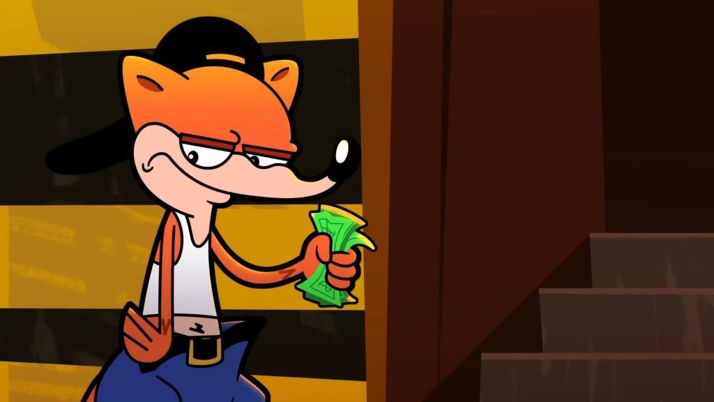 Dickhead Weasel smirks while holding a stack of cash near a staircase in Catching Up.