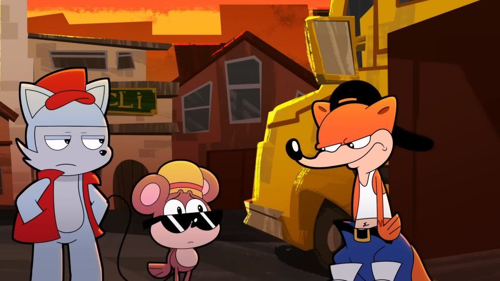 Dickhead Weasel smirks confidently while standing near Rob and Clay beside a yellow truck in Catching Up.