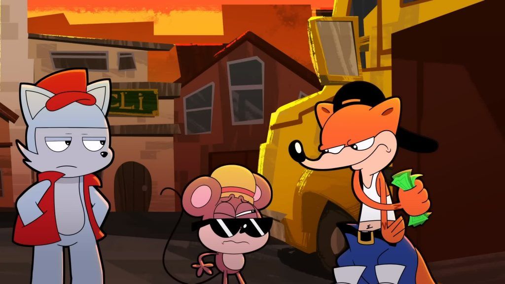 Dickhead Weasel holds cash and grins while Rob and Clay look unimpressed beside a yellow truck in Catching Up.