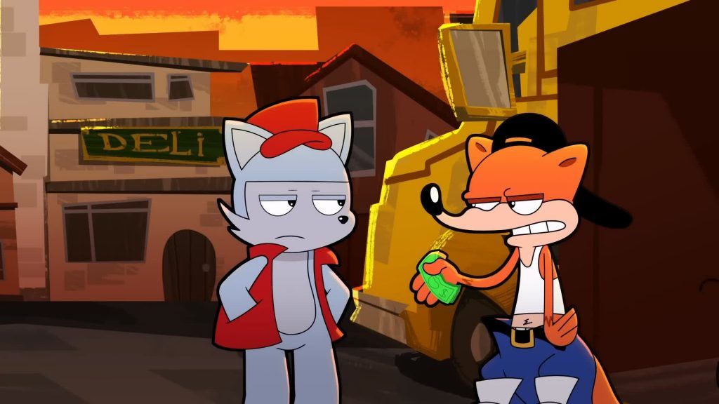 Dickhead Weasel waves money while talking to Clay on a city street at sunset in Catching Up.
