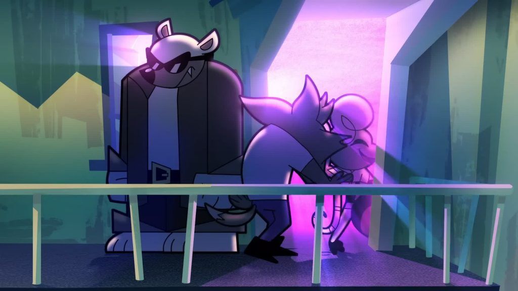 Outside Bouncer guarding club door Outside Bouncer stands under purple neon light guarding the club entrance in Catching Up.