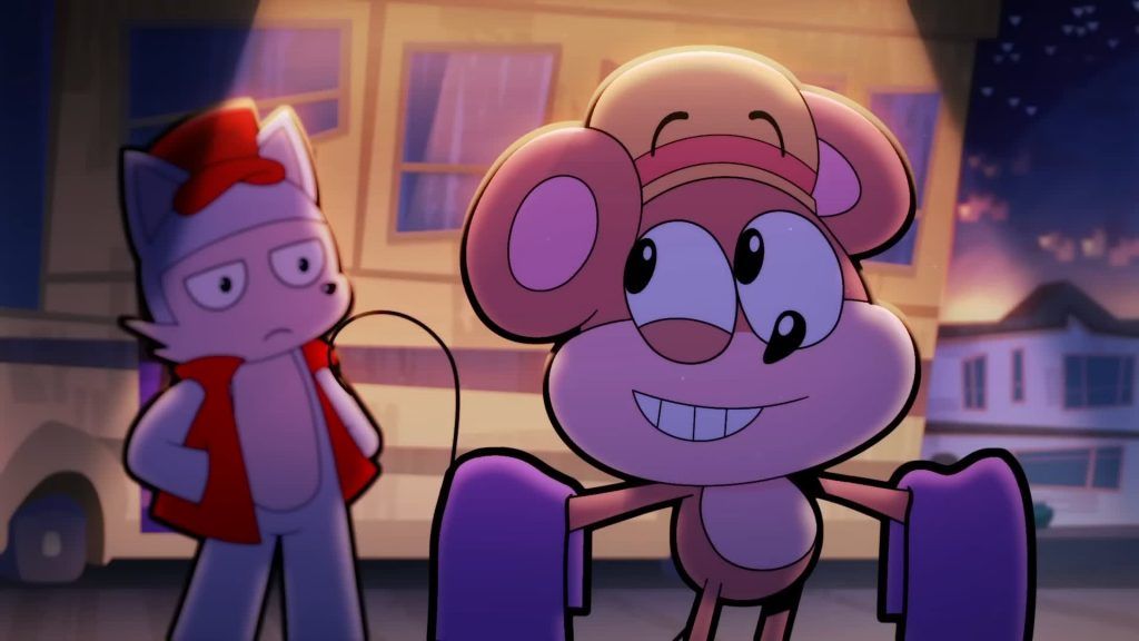 Rob stands behind Clay on a street at night looking unimpressed in Catching Up.