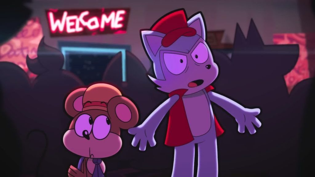 Clay looks shocked while standing beside Rob under a bright welcome sign in Catching Up.