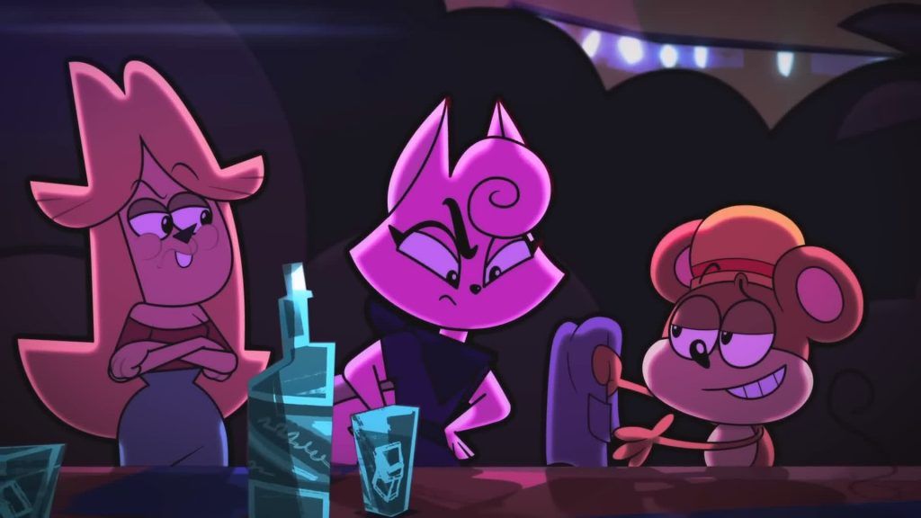 Rob smiles while talking to two women at a bar under pink neon lights in Catching Up.