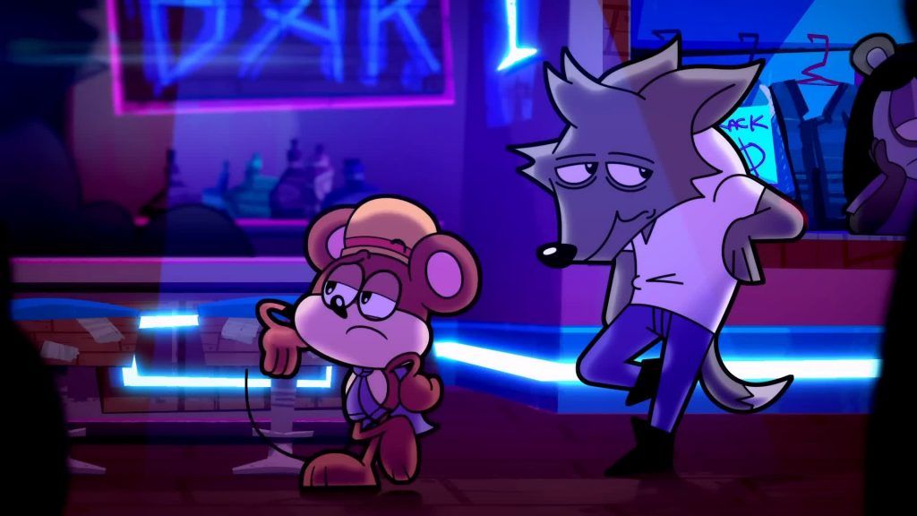 Catching Up scene — Rob and Clay stand in a neon-lit bar, Rob looks unimpressed while Clay leans casually.