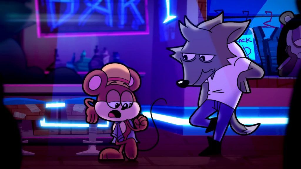 Catching Up animated frame — Rob gestures with surprise as Clay leans against the wall in a purple-lit bar.