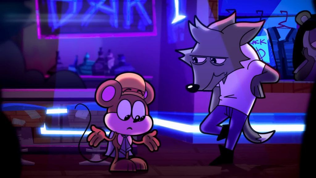 Catching Up cartoon moment — Rob spreads his arms talking to Clay under blue neon lights in a bar.