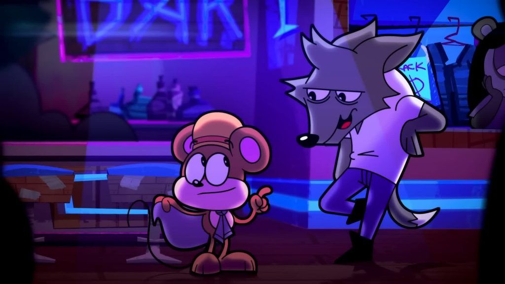 Catching Up animation — Rob points while Clay smirks confidently in a glowing nightclub interior.
