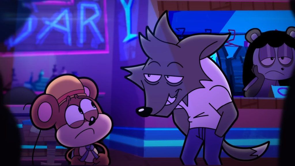 Catching Up frame — Clay smirks leaning close to Rob who looks unsure inside the bar.