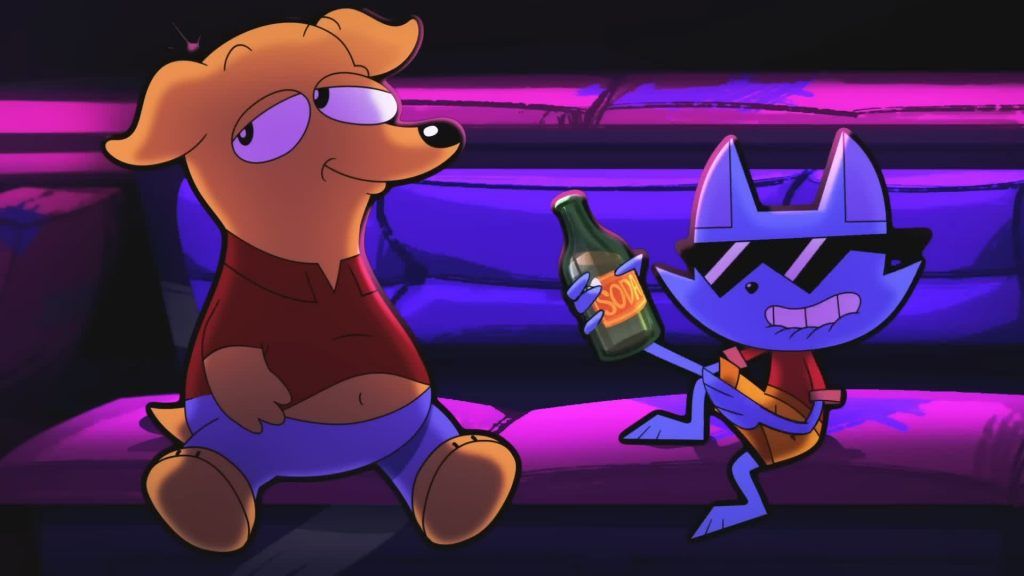 Cool Cat and Dog Buddy sit on a neon couch while Cool Cat holds a soda bottle in Catching Up.
