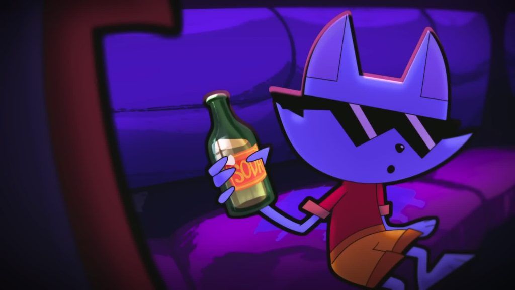 Cool Cat lounges on a purple couch holding a soda bottle under neon lights in Catching Up.