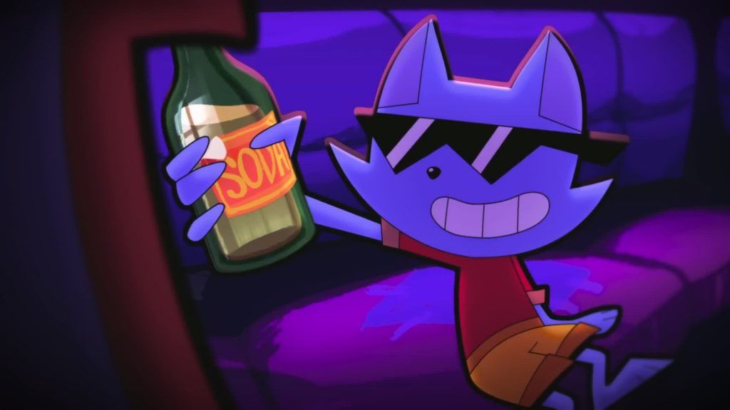 Cool Cat smiles confidently while raising a soda bottle toward the camera in Catching Up.
