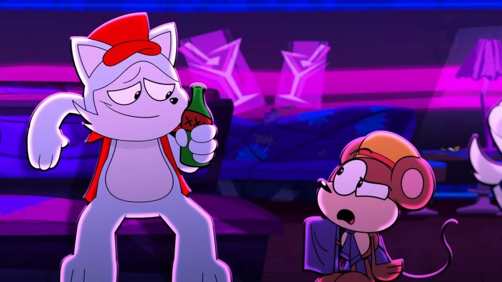 Clay holds a bottle while sitting near Rob inside a neon-lit bar in Catching Up.