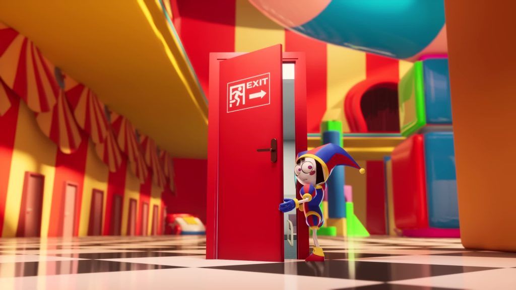 Pomni opens a red exit door in the vivid hallway of the Digital Circus.