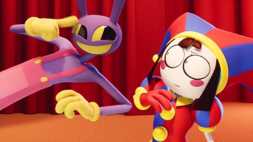 Jax teases Pomni on the Digital Circus stage, with bright red curtains in the background.