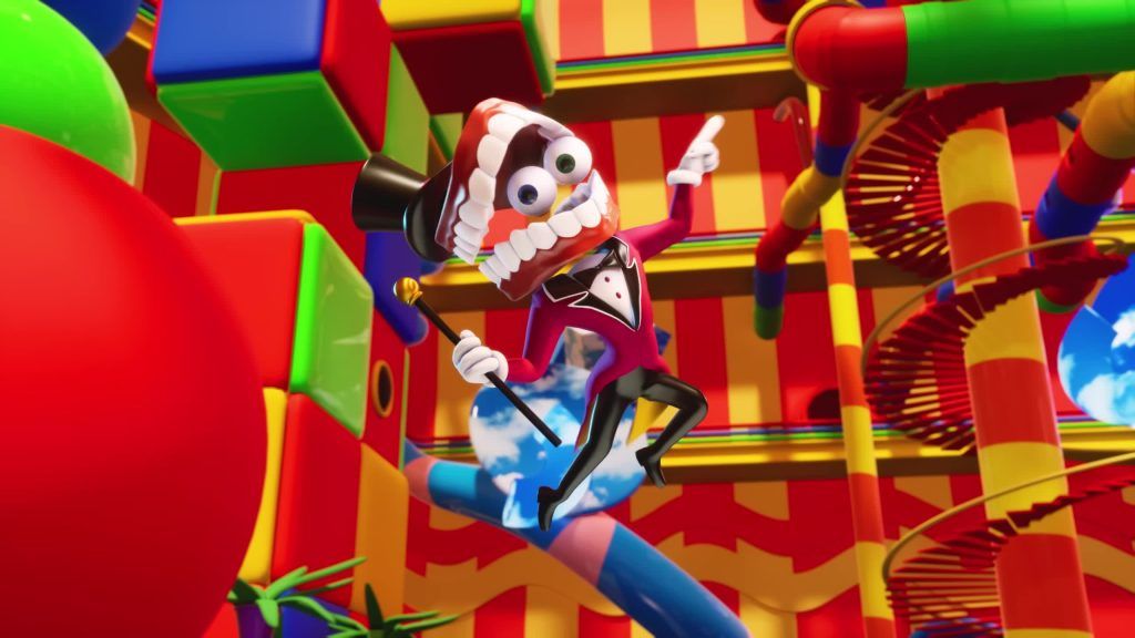 Caine jumps joyfully in the colorful Digital Circus world filled with toys and spirals.