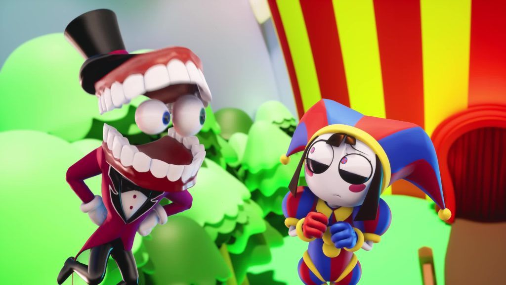 Caine talks to a confused Pomni near the striped tent of the Digital Circus.