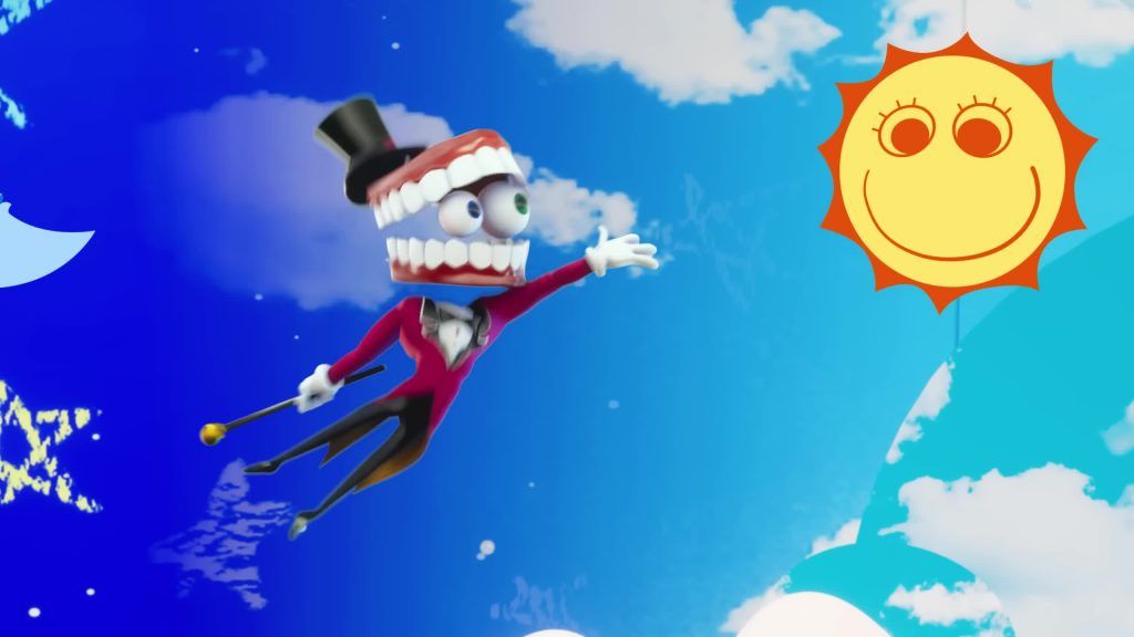Caine flies toward a smiling sun in the bright Digital Circus sky.