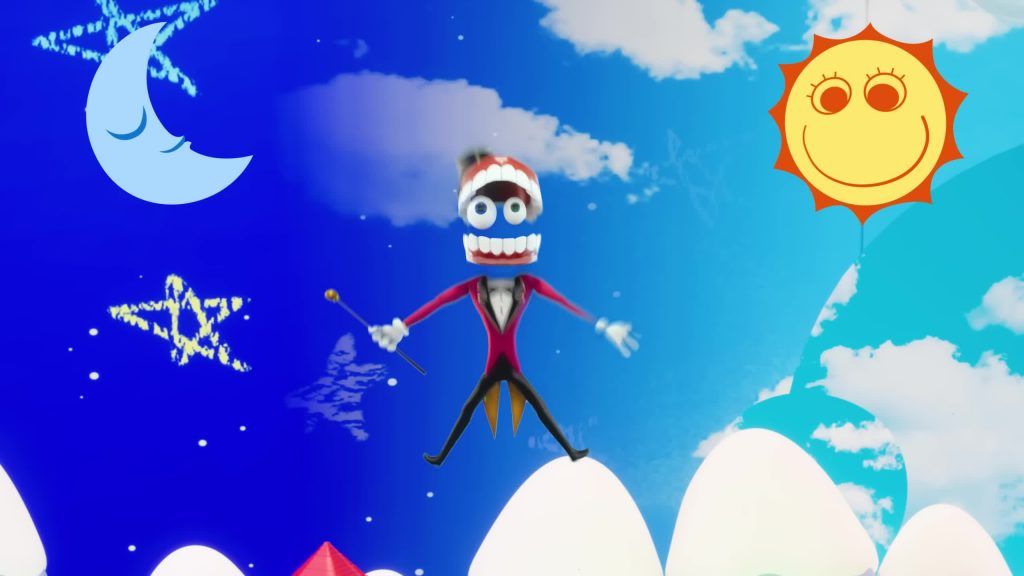Caine dances on clouds between the smiling Sun and Moon in the colorful sky of the Digital Circus.