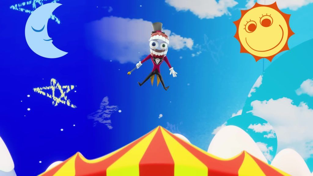 Caine floats above the circus tent with a smiling sun shining behind him.