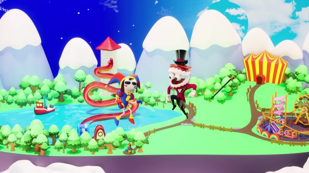 Pomni and Caine float above the Digital Circus landscape with lakes, rides, and mountains.
