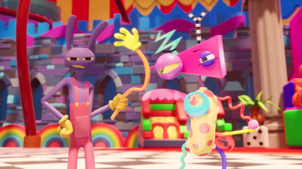Jax stands beside Zooble and Gummigoo in the whimsical Digital Circus castle hall.