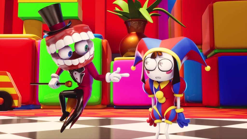 Caine points at nervous Pomni during a conversation inside the Digital Circus playroom.