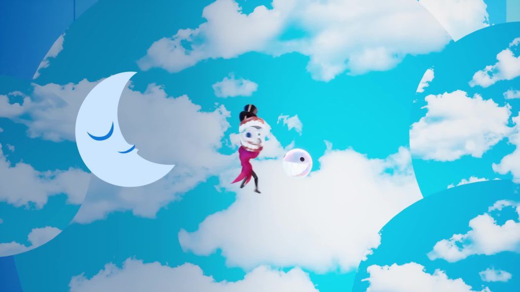 Caine floats among clouds beside the smiling Moon in the sky of the Digital Circus.