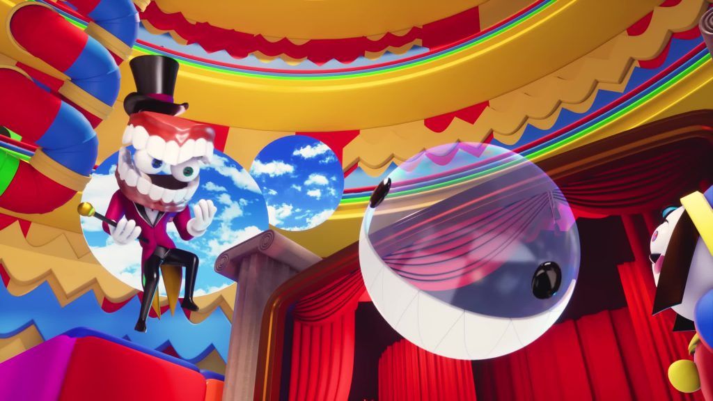 Caine and Bubble inside the Digital Circus tent.