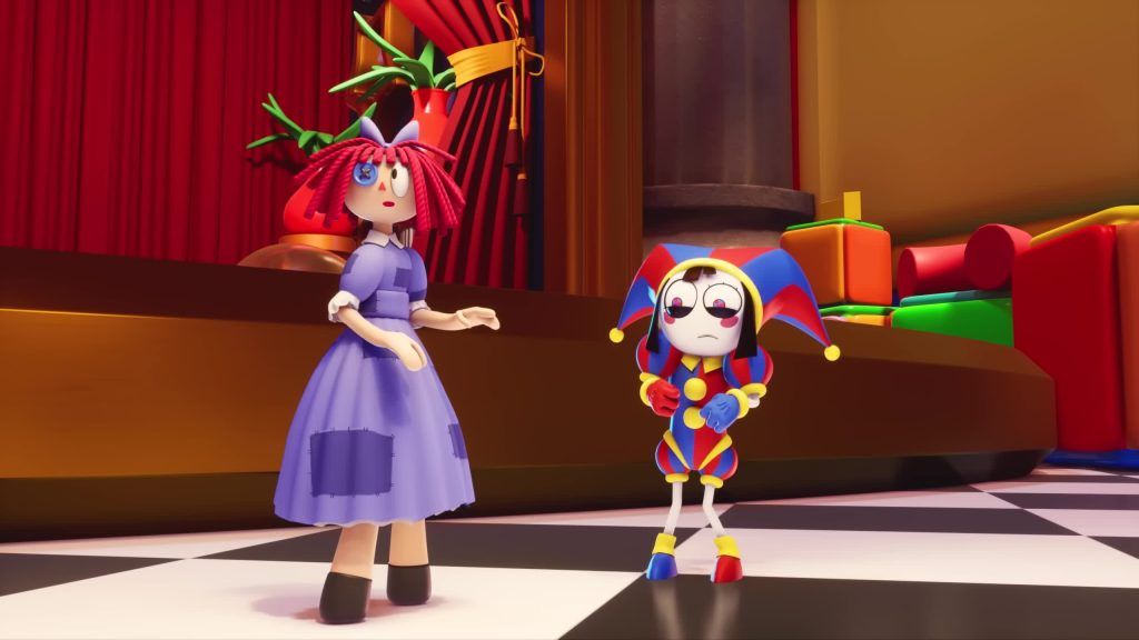 Ragatha and Pomni stand on the Digital Circus stage with red curtains behind them.