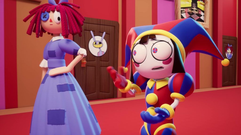 Ragatha and Pomni talk in a bright Digital Circus hallway lined with colorful character doors.