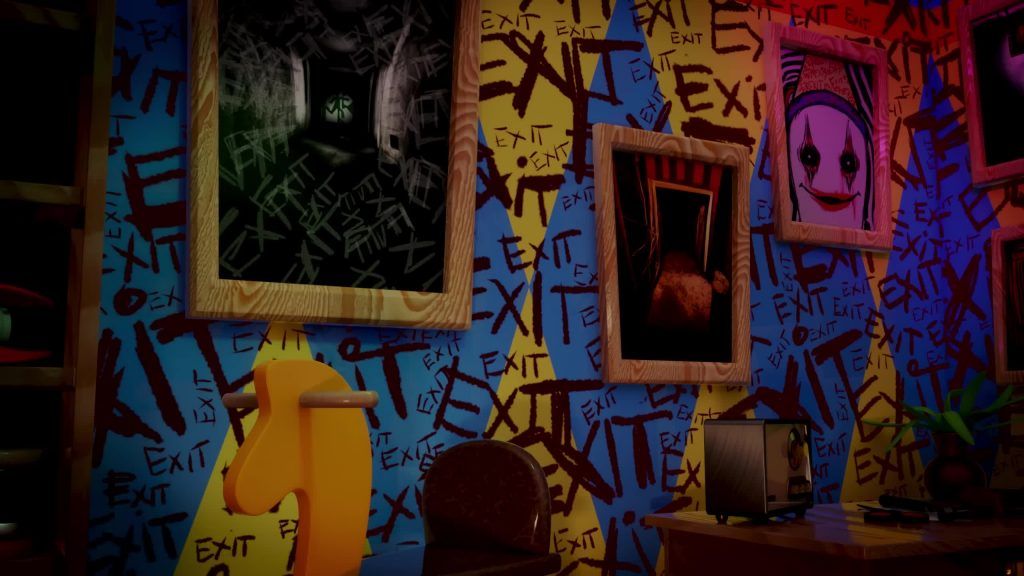 Room filled with graffiti reading EXIT and eerie framed photos belonging to Kaufmo in the Digital Circus.