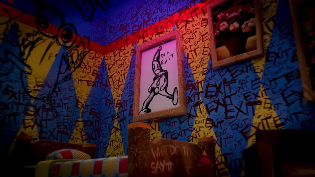Walls covered with EXIT graffiti and sketches of Kaufmo’s descent into madness in the Digital Circus.