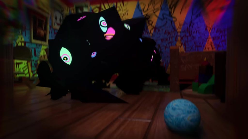 Dark creature with glowing eyes emerges from Kaufmo’s corrupted room in the Digital Circus.