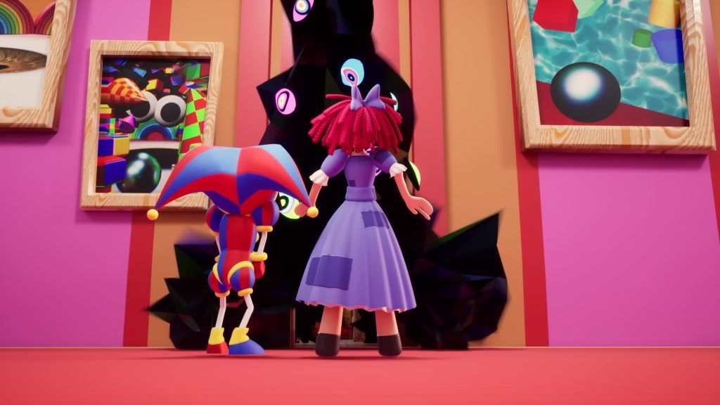 Pomni and Ragatha face a dark portal with glowing eyes inside the mysterious Digital Circus hall.