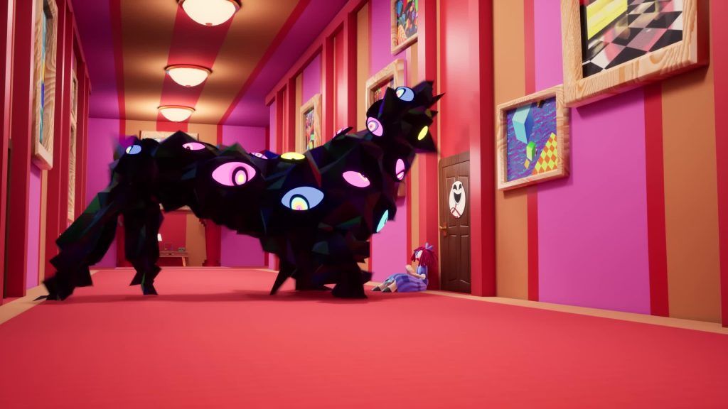 Ragatha lies on the floor as Kaufmo’s corrupted form approaches in the Digital Circus hallway.