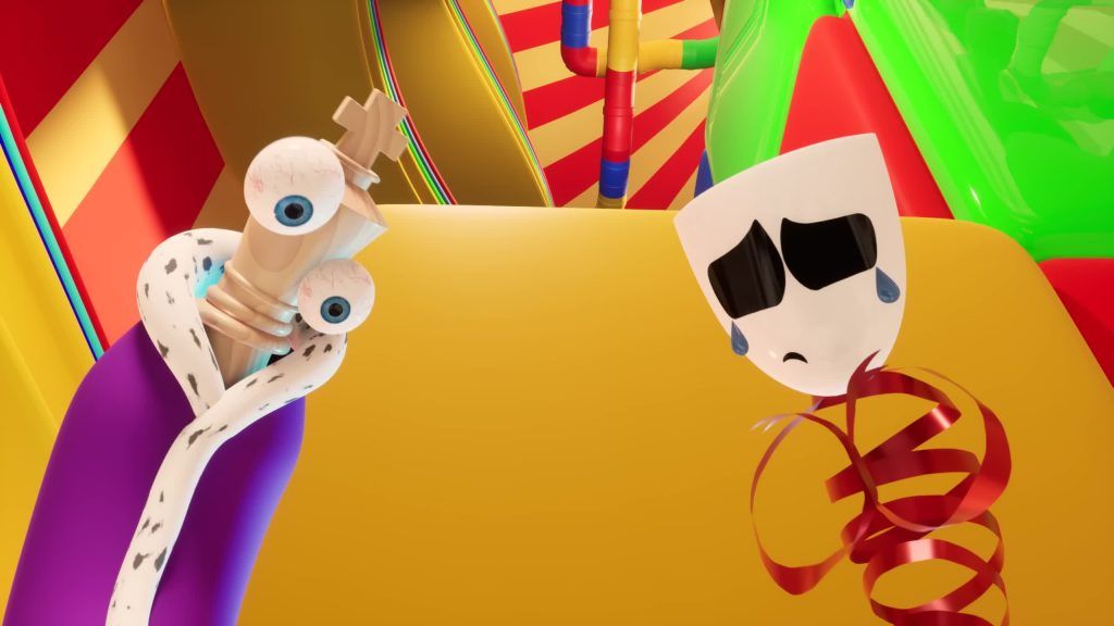 Kinger and Gangle look confused on a bright yellow platform inside the colorful Digital Circus.