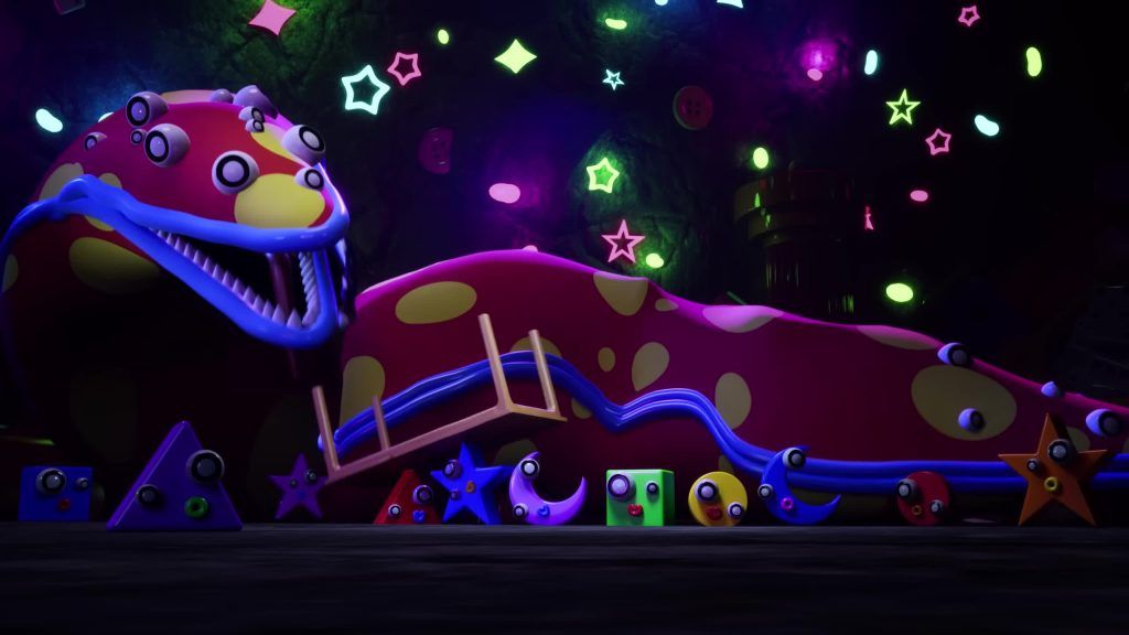 The Gloink Queen rests among colorful Gloinks inside her neon cave in the Digital Circus.