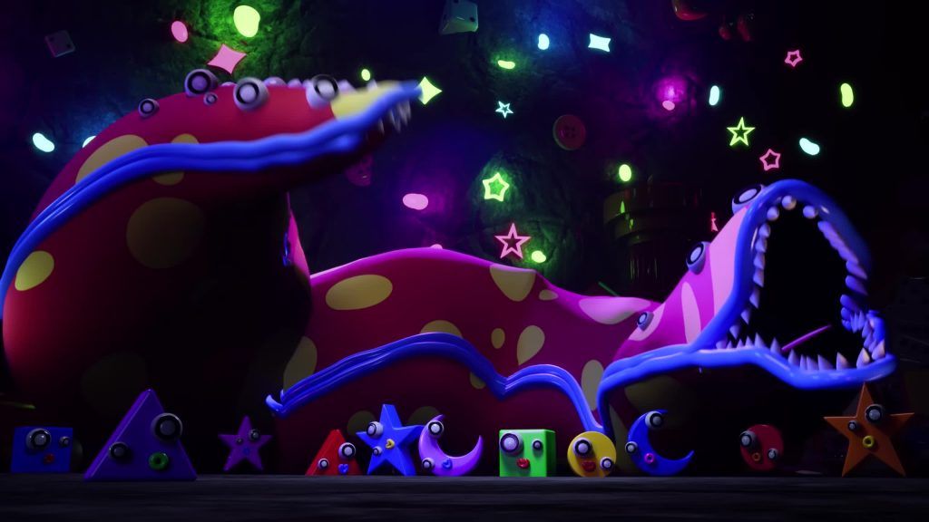 The Gloink Queen rests among colorful Gloinks under glowing stars in the Digital Circus cave.