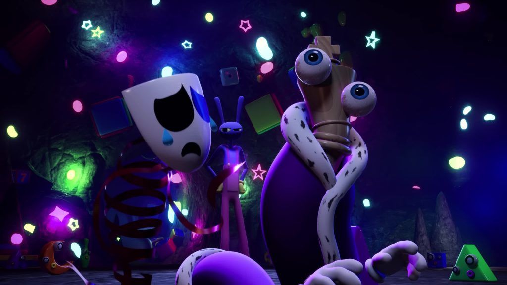 Gangle, Kinger, and Jax stand together in a glowing underground room filled with lights in the Digital Circus.