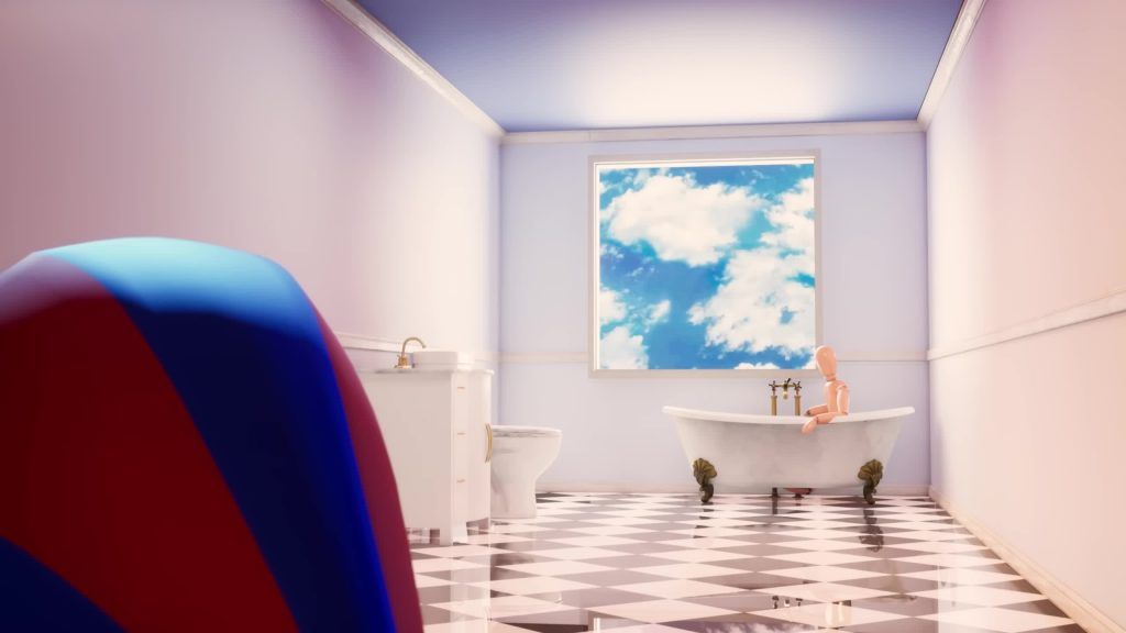Pomni looks into a bright bathroom where Dr. Football sits motionless in a bathtub in the Digital Circus.