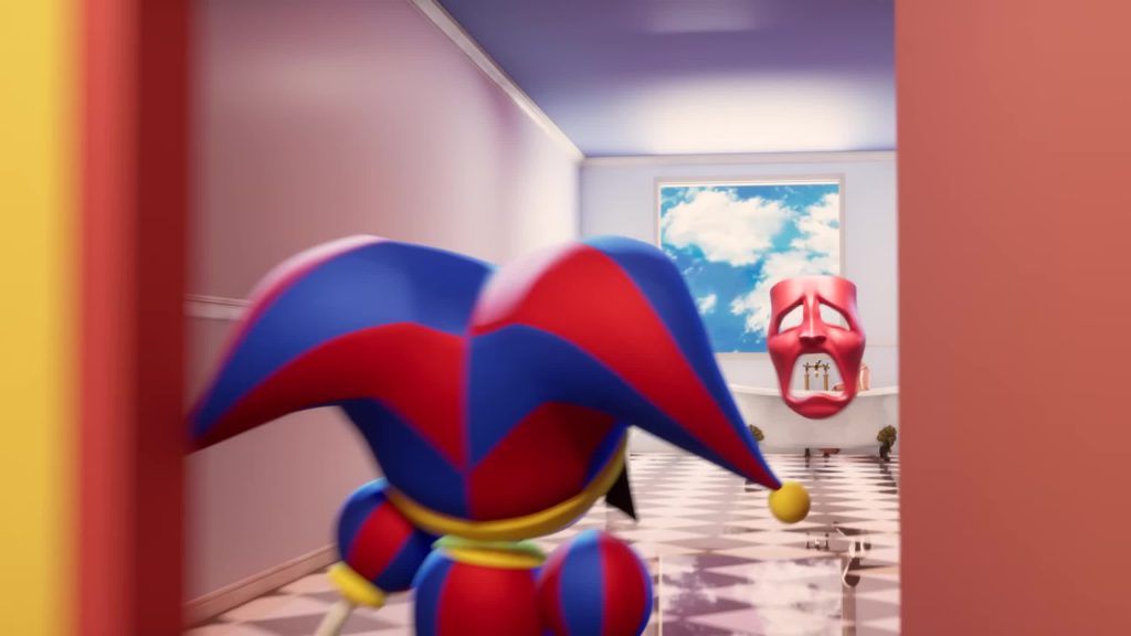 Pomni runs toward Dr. Football as his red face floats above the bathtub in the Digital Circus.