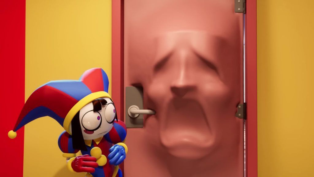 Pomni hides near a door as Dr. Football’s face stretches out from it in the Digital Circus hallway.