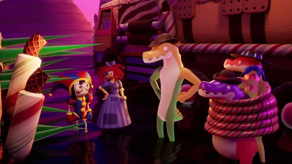 Pomni and Ragatha talk with cowboy lizards beside a candy truck in the Digital Circus desert.