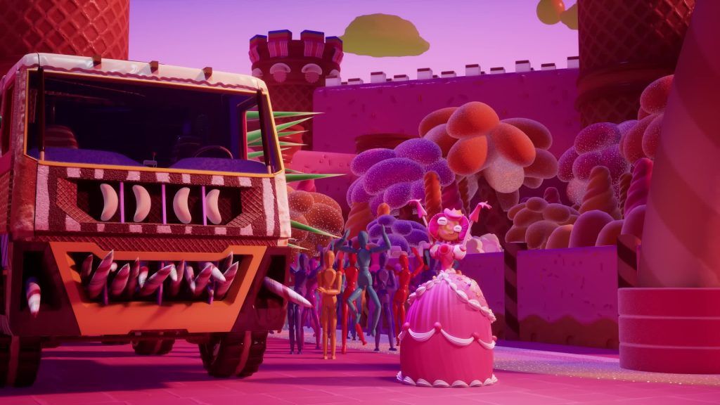 Princess Loolilalu stands proudly as a candy truck approaches her kingdom in the Digital Circus.